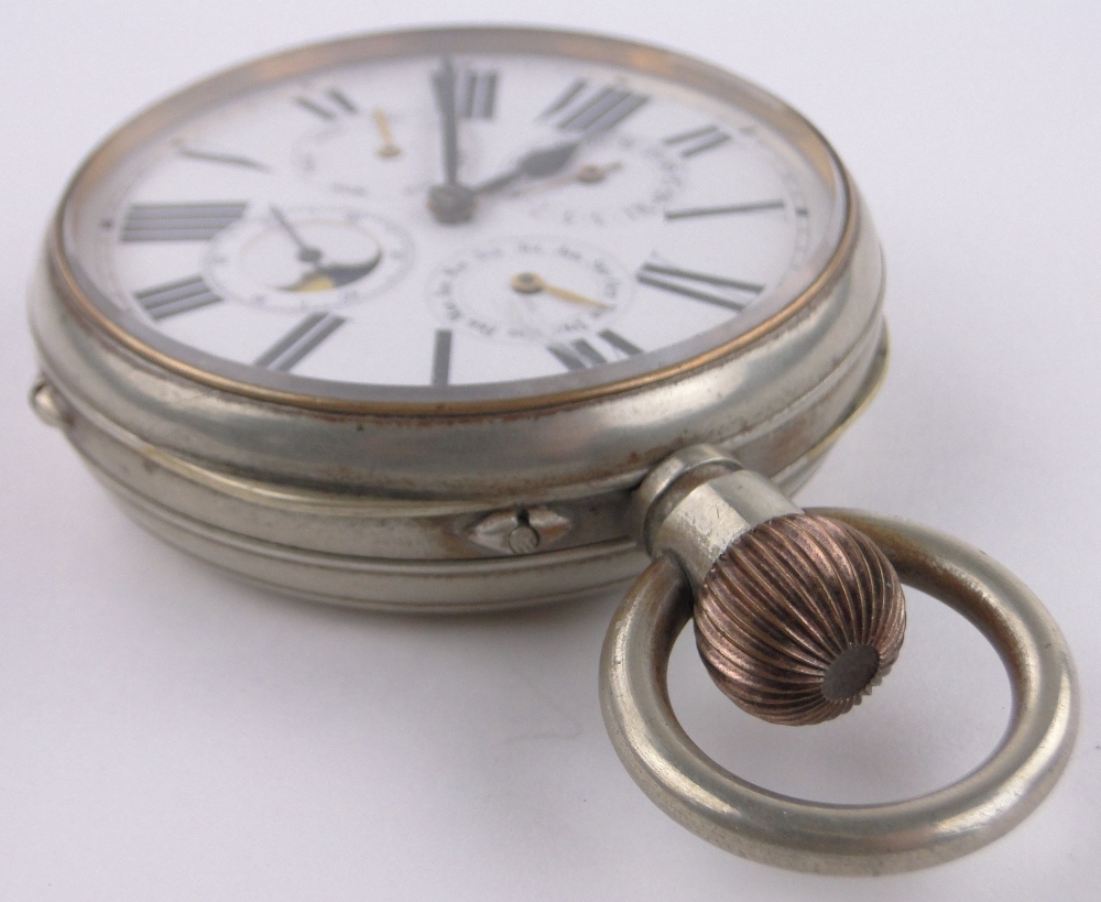A 19th century Goliath nickel cased topwind pocket watch, with full calendar enamelled dial, - Image 3 of 5