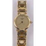 A lady's Longines gold plated quartz wristwatch, case width 22mm, boxed with papers, working order.
