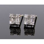 Pair of baguette and brilliant-cut diamond cluster ear studs, unmarked gold settings 6mm across.