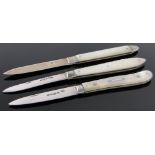 3 19th century silver and carved mother of pearl pocket knives.