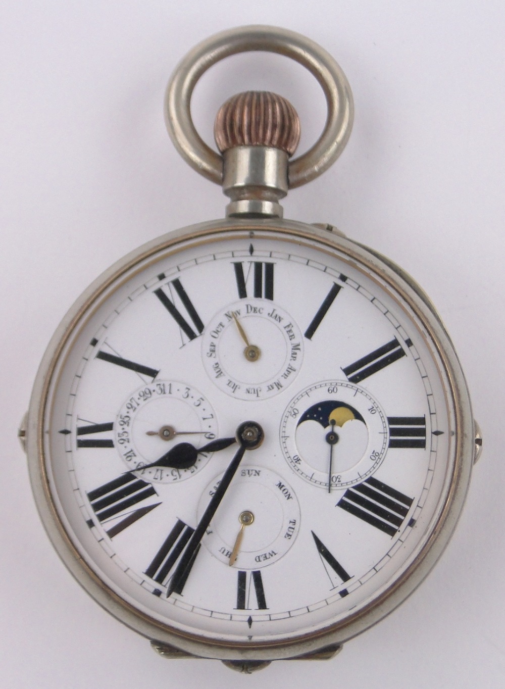 A 19th century Goliath nickel cased topwind pocket watch, with full calendar enamelled dial,