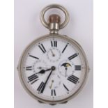 A 19th century Goliath nickel cased topwind pocket watch, with full calendar enamelled dial,