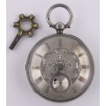 A 19th century silver cased key wind pocket watch, engraved silver dial,