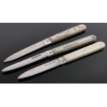 3 19th century silver and carved mother of pearl pocket knives.