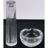 Tiffany glass candlestick, etched signature, height 20cm and a Daum glass ashtray, diameter 11cm.