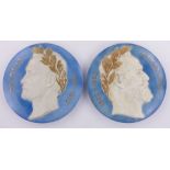 A pair of French porcelain relief moulded wall plaques, depicting Victor Hugo and Pasteur,