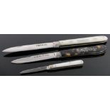 3 19th century penknives, including a miniature mother of pearl mounted knife, length 4cm, (3).