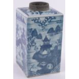 A large Chinese blue and white porcelain square section canister,