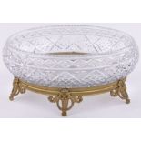 A large cut-glass table centre bowl on ornate cast ormolu stand, diameter 40cm, height 17cm,