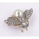 An Antique diamond and pearl set bee brooch circa 1900, unmarked gold settings, wing span 32mm, 8.