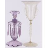 A 19th century amethyst glass table lustre, cut-glass lustre drops,