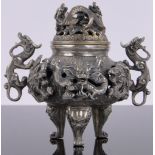 A Chinese silvered bronze censer, cast dragon mounts on 3 feet, 4 character seal mark under,