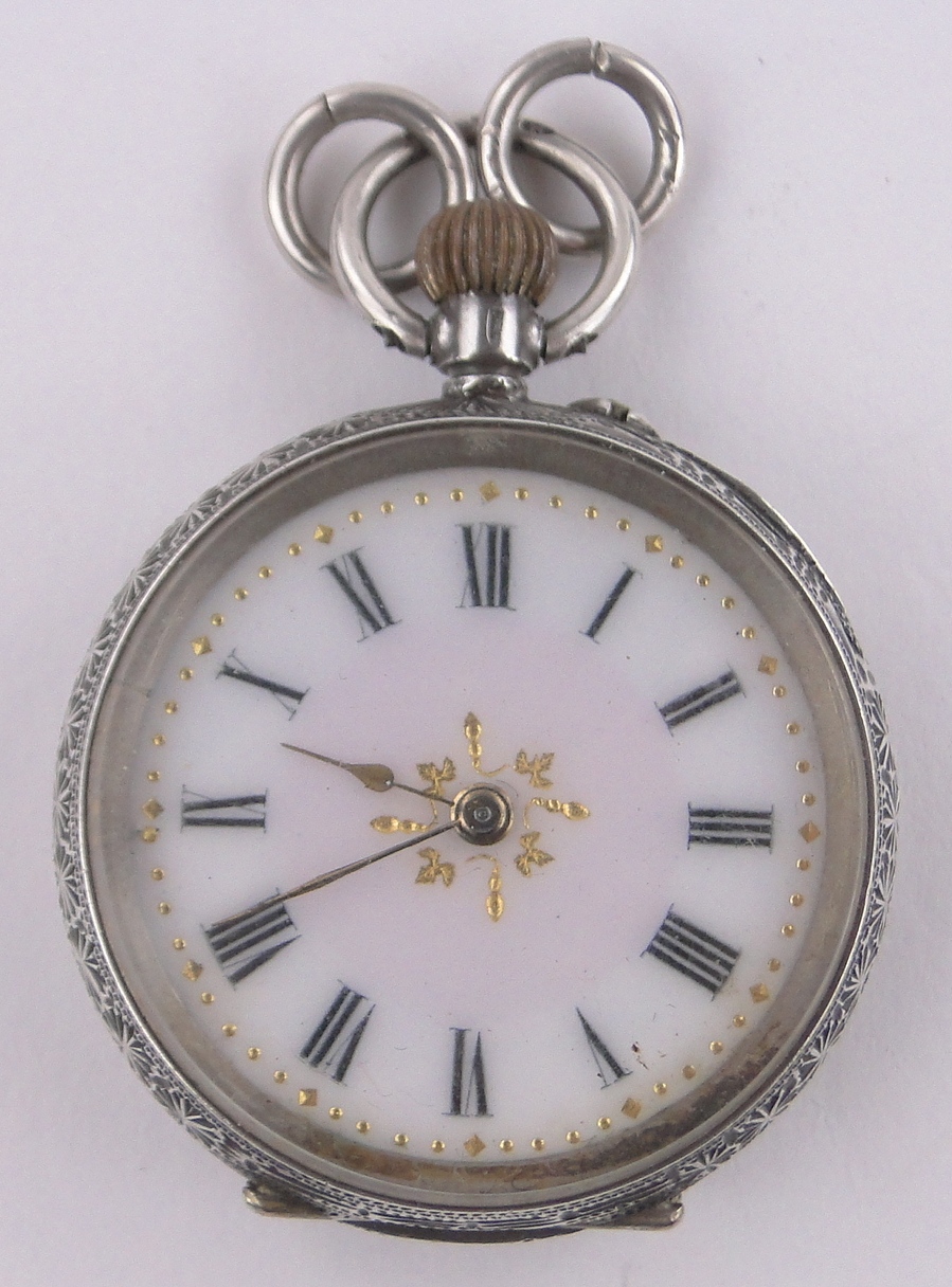 A Swiss silver cased topwind fob watch, enamelled dial, serial no. 19067, case width 34mm.