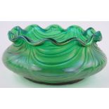 A Loetz green iridescent glass bowl, with frilled rim, diameter 13cm.