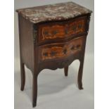 A French Kingwood and marquetry inlaid marble topped serpentine front 2-drawer commode,