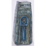 A Troika pottery coffin vase, blue ankh pattern by Louise Graham, height 17cm.