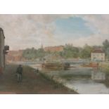 R Barton, 19th century oil on board, bridge over the Thames at Windsor, signed, 13" x 16.5", framed.