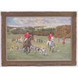 R L Harvey, 20th century oil on canvas, hunting scene, signed, 24" x 36", framed.