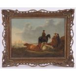 After Aelbert Cuyp, 18th/19th century oil on canvas, horseman, pheasants and cattle on a riverbank,