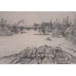 Early 20th century etching, shipping on the Thames, unsigned, plate size 7" x 10", framed.