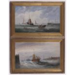 Pair of 19th century oils on board, shipping entering harbour,