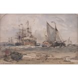 Thomas Bush Hardy (1842-1897), ink/watercolour, marine scene, signed, 4.5" x 7", framed.