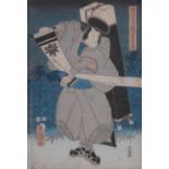 Toyokuni, Japanese colour woodblock print, scroll artist, signed with inscription, 14" x 10",