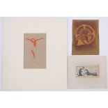 Eric Gill, (1882-1940), wood-cut print, Crucifixion, 6" x 3.75" and 2 other works by Gill, (3).