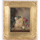 Manner of Vincent Clare, oil on canvas, still life study roses in a trug, bears signature, 12" x 9.