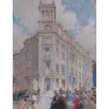 John Merrett, gouache, busy street scene circa 1900, possibly Melbourne, Australia, inscribed verso,