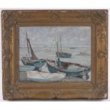Mid 20th century oil on board, impressionist harbour scene, 14" x 18", framed.