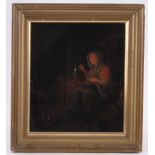 19th century oil on canvas, lace maker working by candlelight, unsigned, 14" x 12", framed.