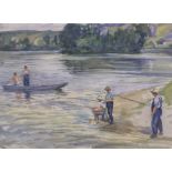 Beatrice Stella Pedder, (born 1875), watercolour, fishermen on a river in northern France, unsigned,