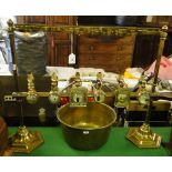 A set of brass optics advertising Booths Dry Gin and G O L Special, and a brass preserve pan.