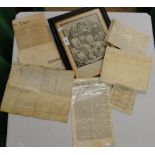 17th century document, early London Gazette, framed Hogarth Undertakers print, etc.