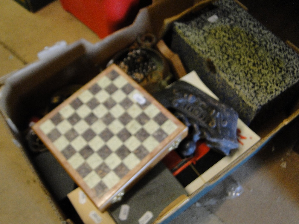 Chess set, Ferrari magazines, box, etc.