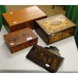 A mahogany box with tray fitted interior, an inlaid box,