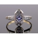 A 9ct gold sapphire and diamond cluster ring, panel height 11mm, size K.