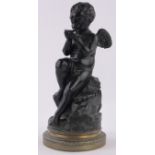 A 19th century patinated bronze sculpture of Eros drinking from a scallop shell, unsigned,