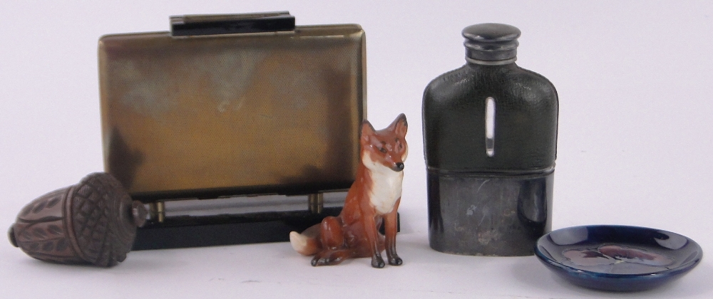 A group of various items, including an Art Deco brass desk top cigarette case, a Beswick fox,