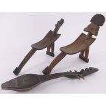 2 African carved wood tribal stools and a musical instrument, (3).