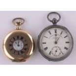 A Waltham gold plated half hunter pocket watch, and a silver cased key wind pocket watch, (2).