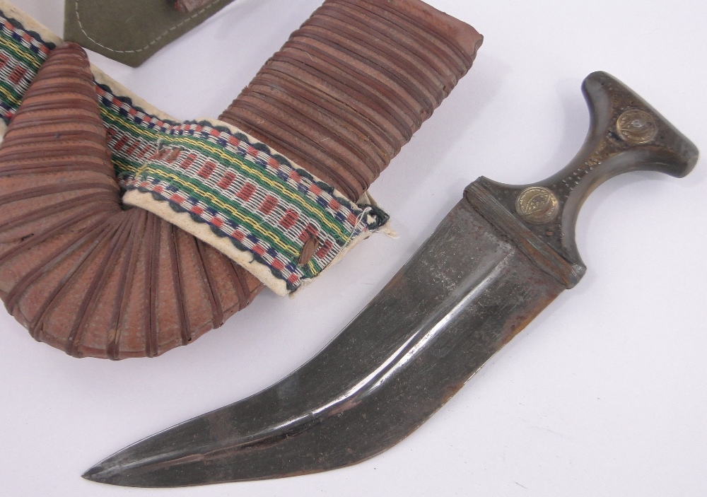 A Middle Eastern curved dagger, 18th/19th century, rhino horn handle with inlaid decoration, - Image 2 of 3