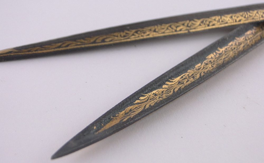 A pair of Turkish gold inlaid calligraphy scissors, with pierced brass handles, length 27.5cm. - Image 2 of 3