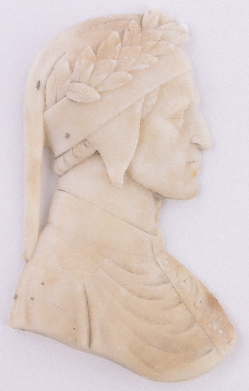 19th century Cameo carved alabaster portrait of Dante, unsigned, height 10cm.