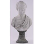 A 19th century carved white marble bust of a child, unsigned, on weathered dark marble plinth base,