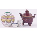 A Chinese red glaze porcelain censer and cover, width 20cm and 3 other pieces of Oriental porcelain,