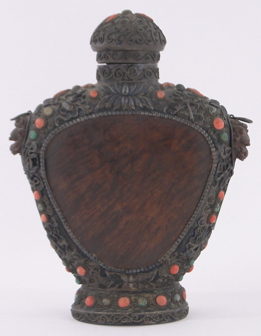 A 19th century Chinese carved wood silver and stone set flask,