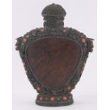 A 19th century Chinese carved wood silver and stone set flask,