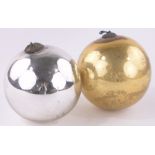 2 19th century silver and gold lustre glass witches balls, diameter 14cm, (2).